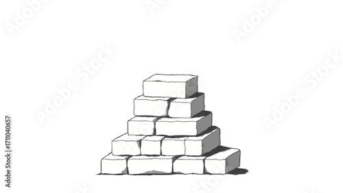 A black and white, hand-drawn illustration of a stack of bricks on a white background. Brick wall. A stack of bricks.	
