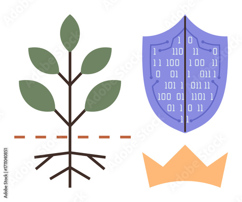 Plant with roots symbolizing growth, purple digital shield with binary code for cybersecurity, orange crown for leadership. Ideal for sustainability, protection, technology, nature, leadership