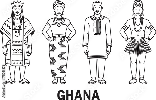 Ghanaian Traditional Clothing Line Art Illustration Showcasing Cultural Heritage and National Identity