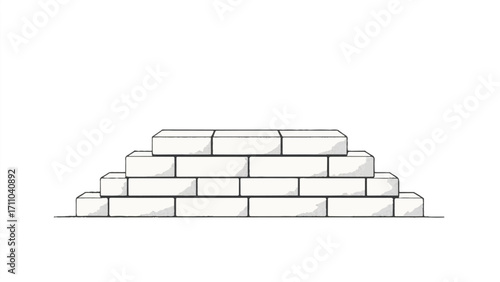 A black and white, hand-drawn illustration of a stack of bricks on a white background. Brick wall. A stack of bricks.	