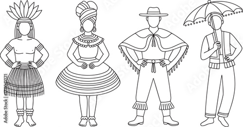 Illustrative Line Art Depiction of Traditional Brazilian Garb Showcasing Cultural Heritage and Diversity