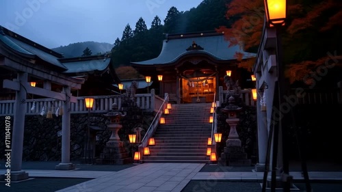 Tranquil evening scene at a traditional Japanese shrine, illuminated by warm-toned lanterns.