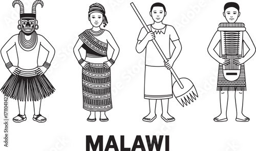 Malawi Traditional Clothing Line Art Illustration Showcasing Cultural Heritage and Identity