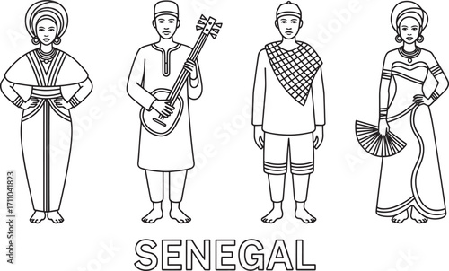 Senegal Traditional Attire Line Art Illustration Showcasing Cultural Garments and Heritage