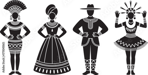 Silhouettes of Traditional African Dancers and Musicians in Cultural Attire Against Transparent Backdrop