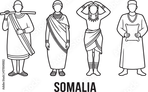 Somalia Traditional Clothing Line Art Illustration Showcasing Cultural Garments and Heritage