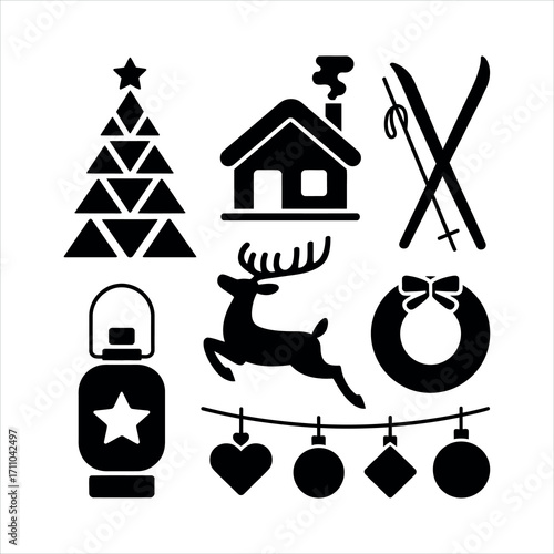 Stylish Black and White Christmas Icons for Graphic Design