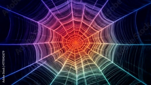 A vibrant, colorful, abstract design features a network-like structure leading towards a central point.
