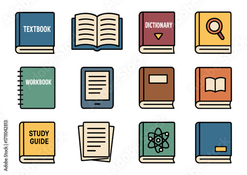 Colorful educational book icons set featuring textbooks and digital reading devices