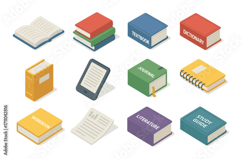 Isometric collection of educational books and digital tablet for learning