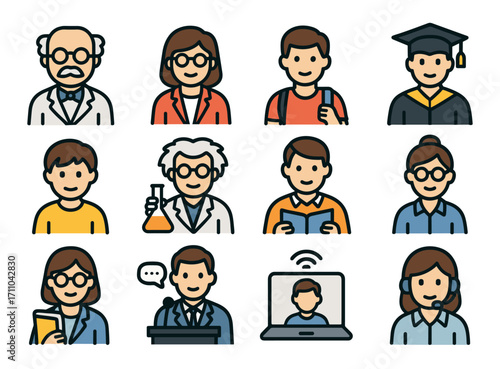 Diverse professions and education icons featuring teachers, scientists, and students in flat style
