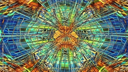 A vibrant, kaleidoscopic design showcasing a futuristic, architectural structure with intersecting geometric shapes and bold colors.