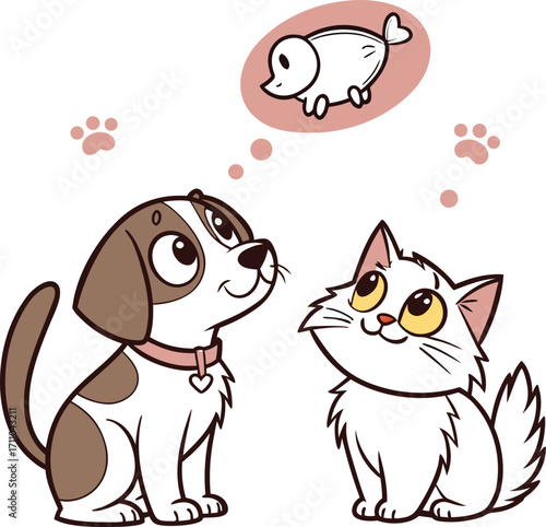 Two smiling cartoon pets, a cat and a dog, show their friendship in a happy, fun illustration