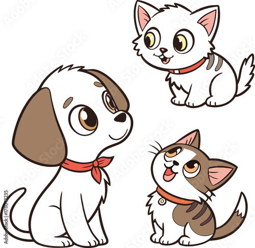 Vector art of a cute domestic cat and dog playing with a mouse and a set of kittens