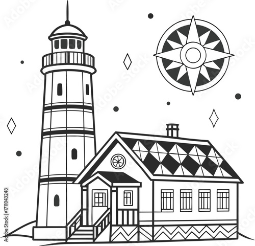 A simple vector illustration of a historic lighthouse on a tranquil, sunlit beach, acting as a navigational beacon along the coast