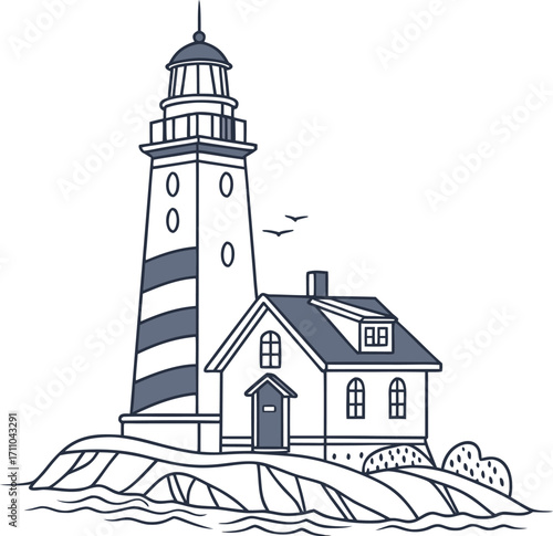 A coastal landscape with a white lighthouse tower on an island at the sea, a beacon for safe navigation