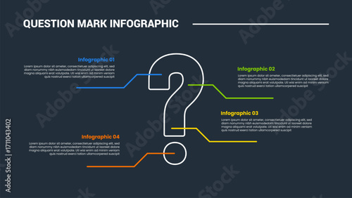 Question mark infographic process diagram with big thick shape with balance spreading content with dark background bright outline style 4 points