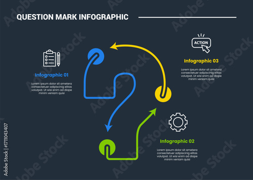 Question mark infographic process diagram with separated part with round connector with dark background bright outline style 3 points