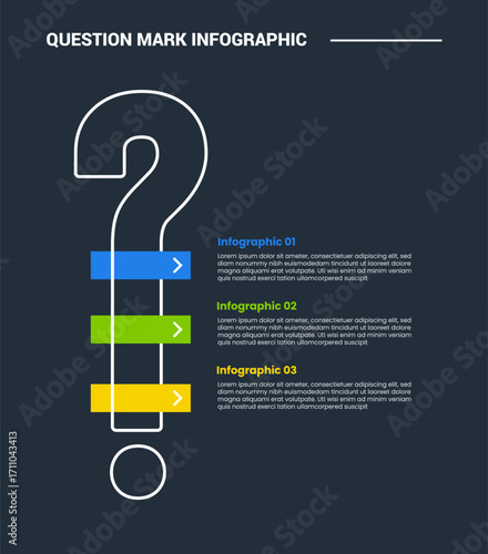 Question mark infographic process diagram with tall height vertical with rectangle box on stacked list with dark background bright outline style 3 points