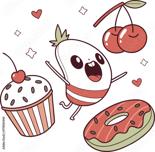 Seamless vector pattern with delicious cherry cupcakes on a sweet dessert background