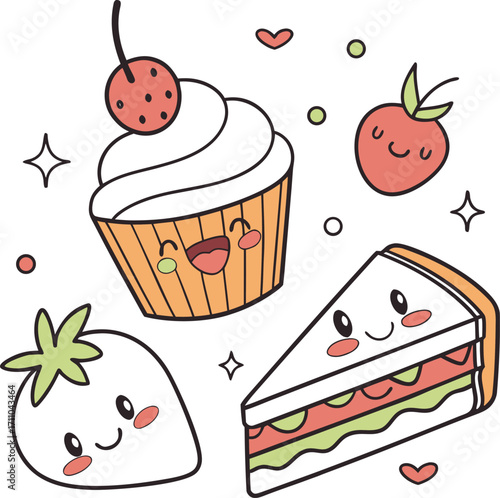 A sweet vector cartoon set of colorful cakes, cupcakes, and desserts with chocolate and strawberry cream for a birthday celebration