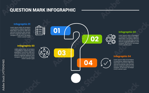 Question mark infographic process diagram with vertical sign with round rectangle badge around with dark background bright outline style 4 points