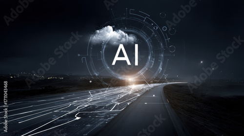 AI's Horizon: A futuristic vista, with a digital AI emblem emblazoned against a cloudy sky,  and a sleek road stretches into the distance.