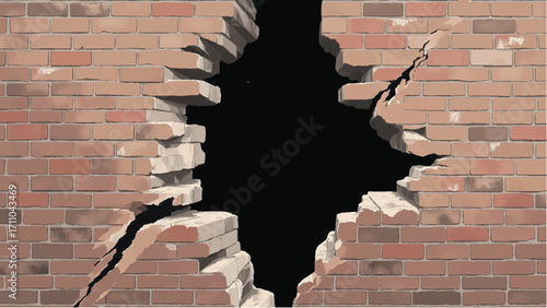 Brick wall background with a large crack. Cracked Brick wall. Damaged Wall Background. Vector illustration.  