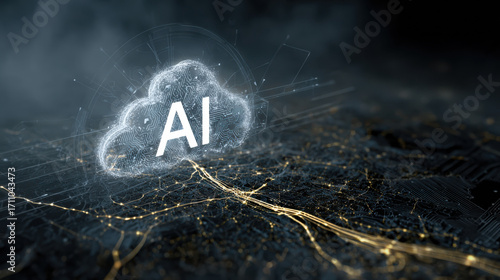 AI Cloud: An AI cloud concept, floating over a digital network, illuminated in a futuristic style, representing the power of artificial intelligence. 