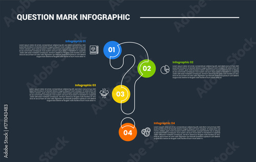 Question mark infographic process diagram with circle badge sticky on shape with dark background bright outline style 4 points