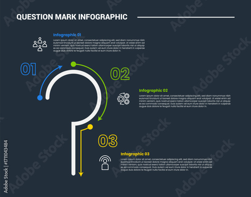 Question mark infographic process diagram with simple line with dot long line circular with dark background bright outline style 3 points