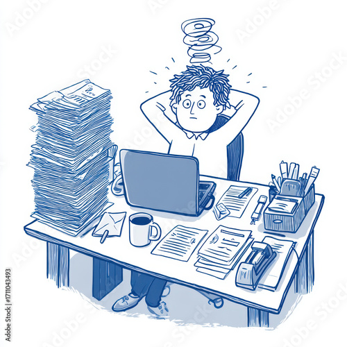 Blue sketch illustration of a frustrated employee at a cluttered desk, holding head in stress, surrounded by files and documents.
