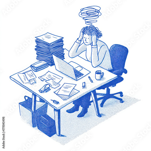 Blue sketch illustration of a frustrated employee at a cluttered desk, holding head in stress, surrounded by files and documents.
