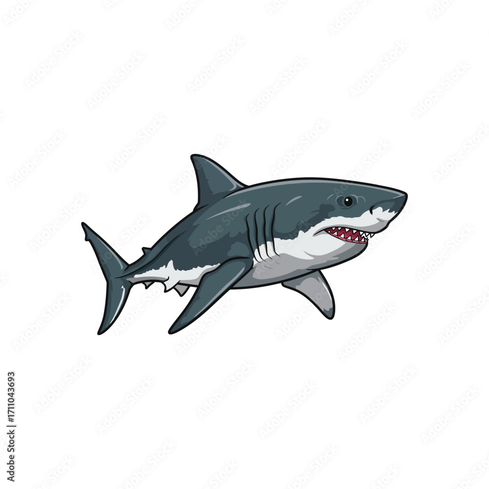 Obraz premium Cartoon illustration of a great white shark swimming.