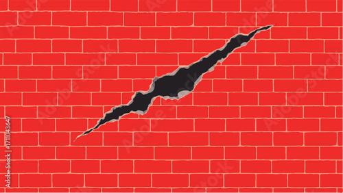 Brick wall background with a large crack. Cracked Brick wall. Damaged Wall Background. Vector illustration.  