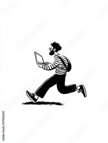 Minimalist black and white drawing of a man in motion, holding a laptop while running, symbolizing urgency or digital theft.
