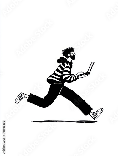 Minimalist black and white drawing of a man in motion, holding a laptop while running, symbolizing urgency or digital theft.
