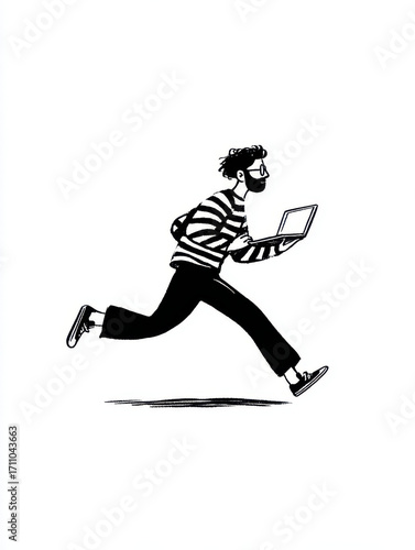 Minimalist black and white drawing of a man in motion, holding a laptop while running, symbolizing urgency or digital theft.
