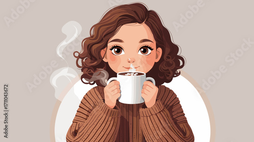 Young woman enjoying hot cocoa drink in cozy sweater with steam rising  