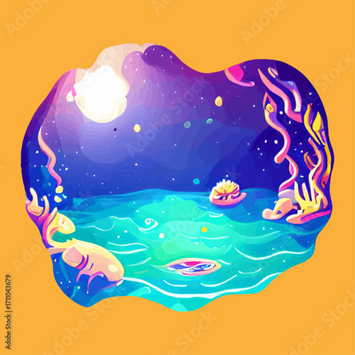 Whimsical Underwater Fantasy World Filled with Colorful Coral Reefs, Magical Sea Creatures, and Floating Castles