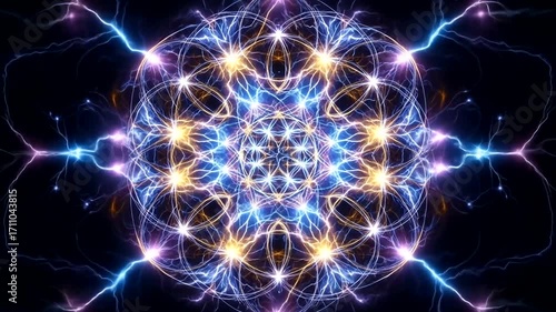 A vibrant, intricate design of a glowing mandala surrounded by powerful, pulsating electrical energy.