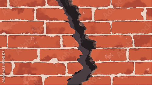 Brick wall background with a large crack. Cracked Brick wall. Damaged Wall Background. Vector illustration.  