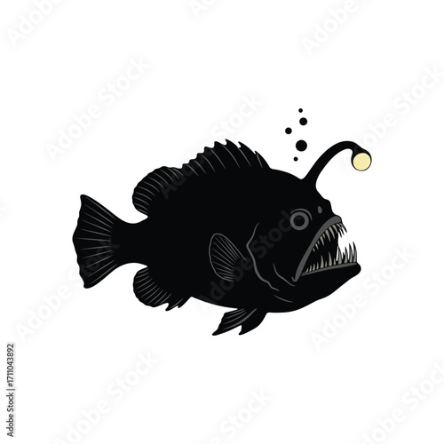 Deep sea anglerfish silhouette with glowing lure and sharp teeth.