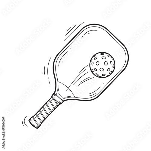 Hand drawn pickleball paddle hitting a ball sketch illustration.