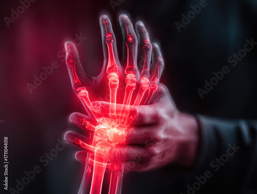 Digital visualization of a person holding their hand in pain, highlighting bones and joints with red inflammation and X-ray effect.
