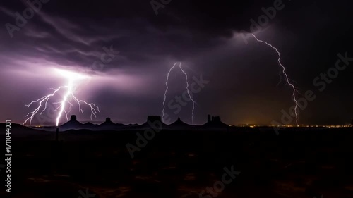 Dramatic lightning illuminates a desert landscape at night.