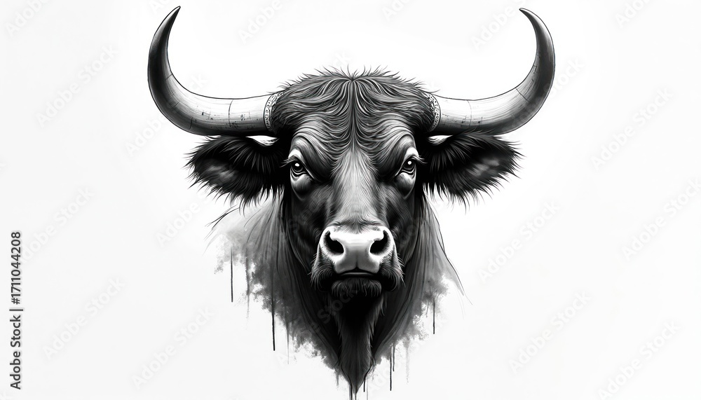 Naklejka premium Monochrome illustration of bull head with detailed horns and strong expression. Bull face with fur, horns and beard on white background. Artistic drawing of cattle with fierce look.