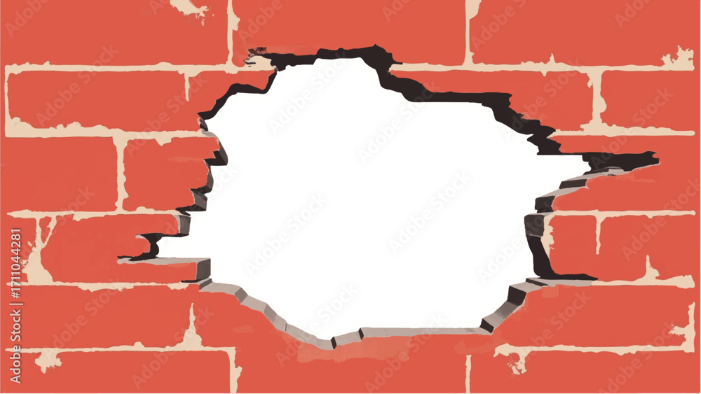 Broken Brick wall with white Hole. A Brick wall with a large hole in the center. Vector Illustration.