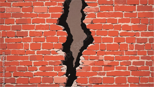 Brick wall background with a large crack. Cracked Brick wall. Damaged Wall Background. Vector illustration.  