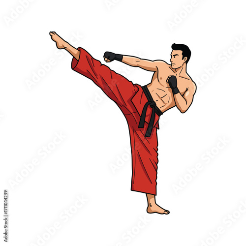Martial arts expert demonstrates high kick with focused intensity and power.